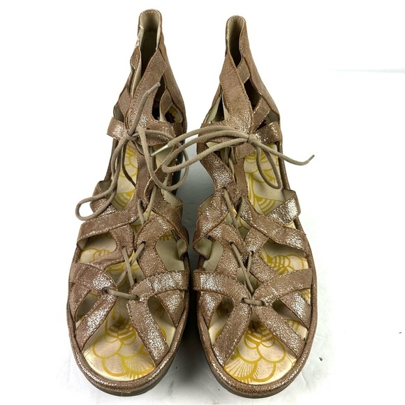 Fly London Yuke Lace Up Sandals 41 Gold Tan Metallic Leather Wedge Strappy - Picture 1 of 11